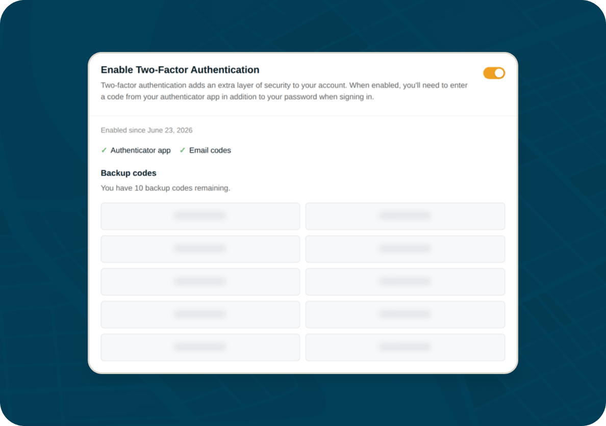 Two-factor authentication enabled on a BatchGeo account's security page