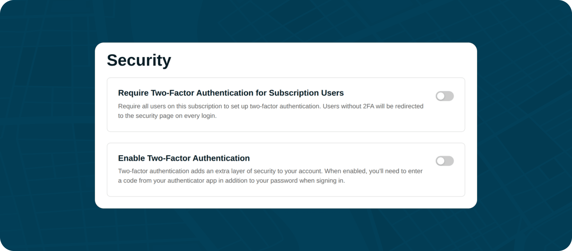 BatchGeo account security page with two-factor authentication settings